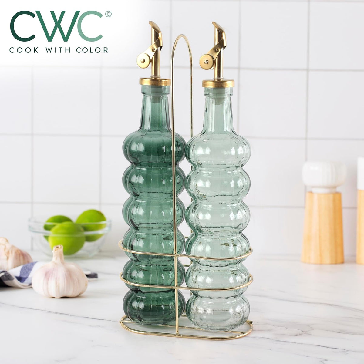 COOK WITH COLOR Glass Olive Oil Bottle Dispenser - 2 Pack- 17oz Oil and Vinegar Cruet - Olive Oil Carafe Decanter for Kitchen