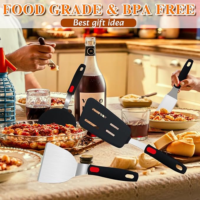 6-Pieces Silicone Spatula Turner Metal Stainless Steel Spatulas Set, Food-Grade 600°F Heat-Resistant Tools for Grilling, Burgers, Omelets and Pancakes with Non-Slip Handles