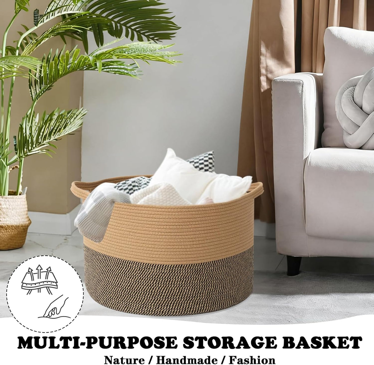 Large Blanket Basket for Organizing,65L Closet Organizers and Storage Bins Box for Shelves Woven Rope Storage Baskets,Living Room,Bedroom,Dorm,Laundry room (Jute&Black)