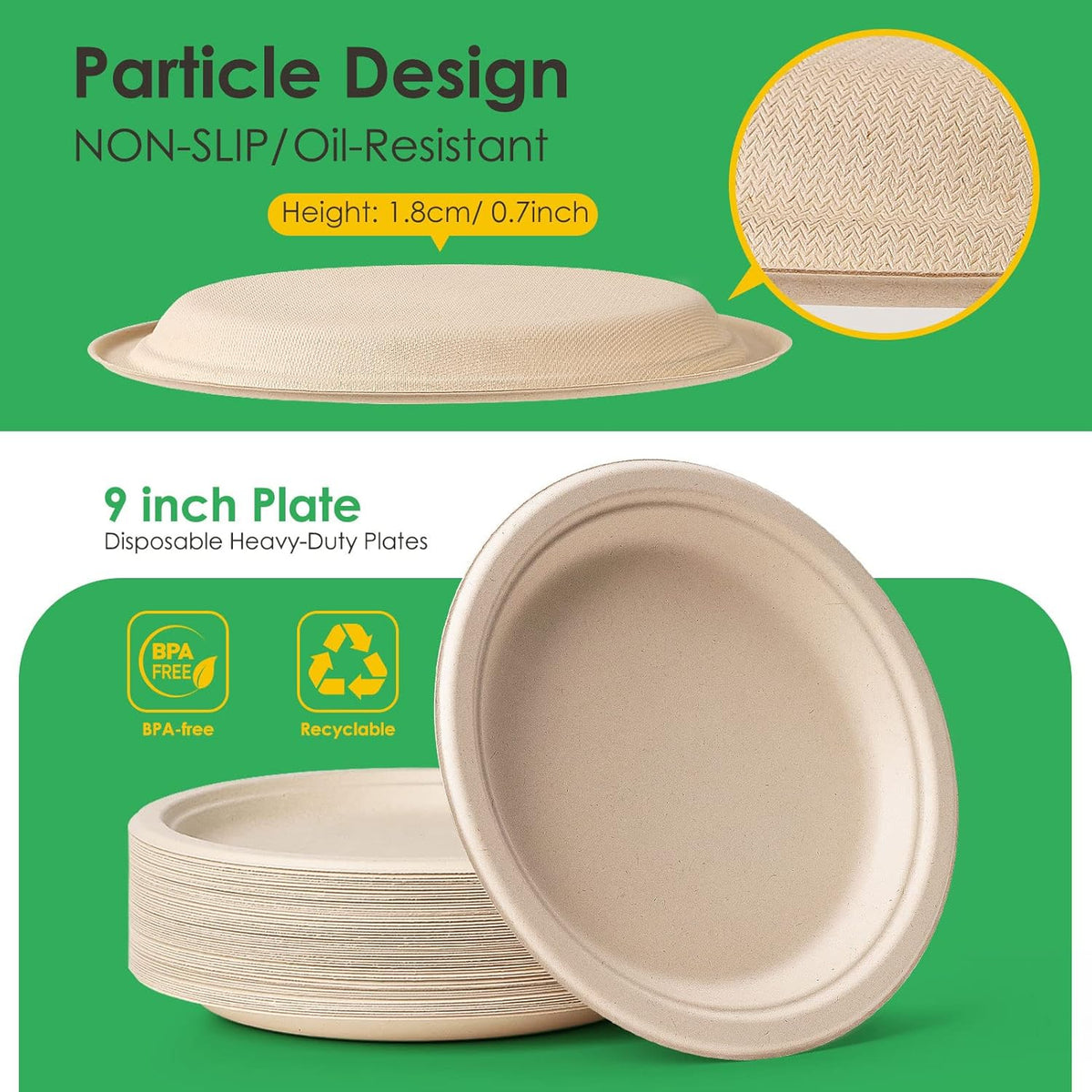 Gezond 150pcs Compostable Paper Plates 9 Inch Disposable Plates Unbleached Heavy Duty Eco-friendly Sugarcane Fiber Biodegradable Plate for Party Picnic
