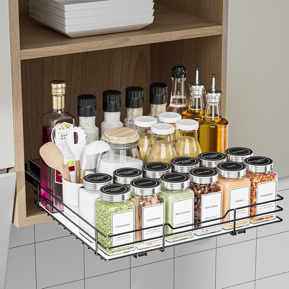 Spice Rack Organizer for Cabinet, 1 Tier Pull Out Spice Rack, Spice Organizer for Cabinet, Kitchen and Pantry, Fits Spices, Sauces, Canned Food (12.5''Wx10.5''Dx2.5''H)