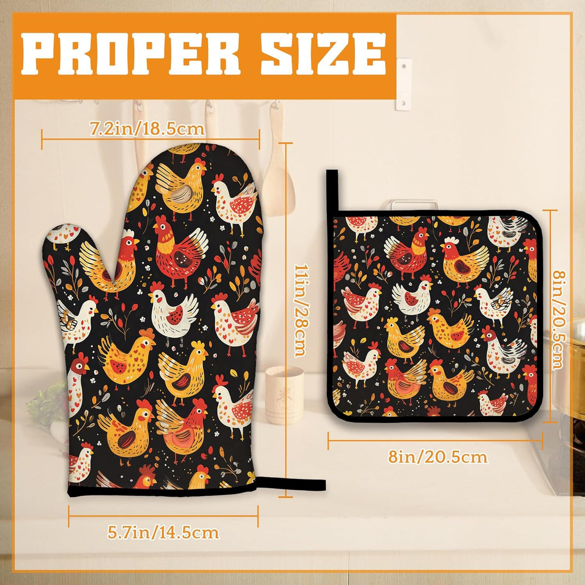 Colorful Rooster Oven Mitts and Pot Holders,Cute Chicken Heat Resistant Oven Mitts Gloves and Pot Holder for Home Kitchen Decorations Cooking Baking BBQ Gifts,Set of 4