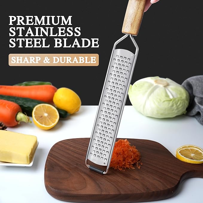 ALLWIN-HOUSEWARE Cheese Grater Zester Set of 5, 304 Stainless Steel with Acacia Wood Handle Kitchen Grater & Peeler & Slicer for Cheese, Lemon, Ginger, Garlic, Nutmeg, Fruits, Vegetables, Chocolate