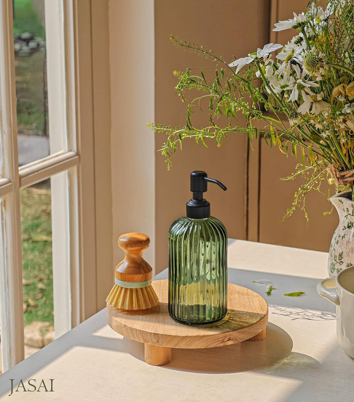 JASAI 18Oz Green Glass Soap Dispenser with Black Rust Proof Pump, Refillable Bathroom soap Dispenser with Thick Glass, Soap Dispenser Bathroom for Kitchen Dish soap, Hand Soap, Lotion, Body Wash.