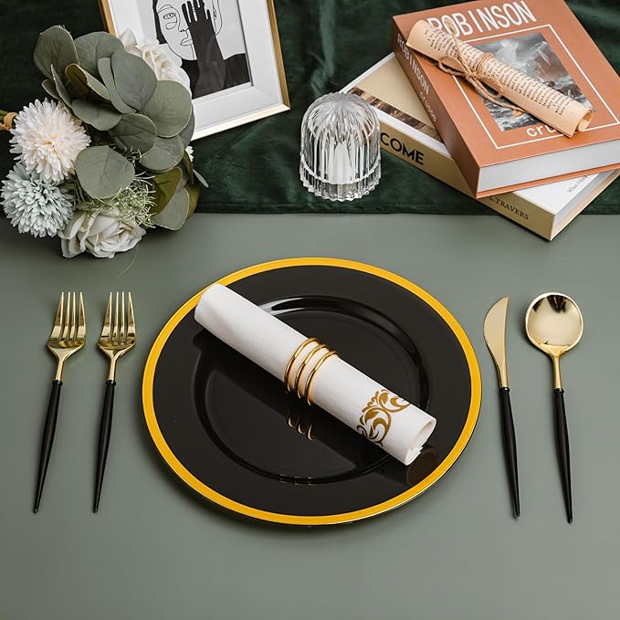 N9R Gold Plastic Cutlery Set - 90pcs with Black Handle - Fancy Plastic Silverware, Heavy Duty - 30 Spoons, 30 Forks, 30 Knives for Halloween and Everyday Use