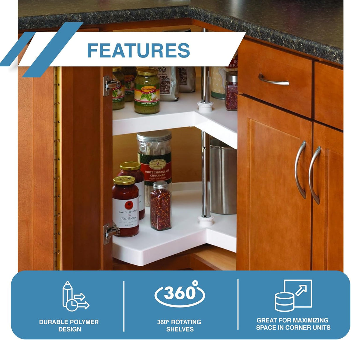 Knape & Vogt Corner Cabinet Lazy Susan, 2-Tier Lazy Susan for Cabinet, 28-Inch 360º Turntable for Kitchen Cabinets, White