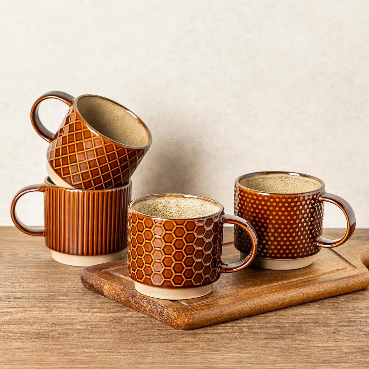 GBHOME 15OZ Stackable Coffee Mugs, Ceramic Coffee Cups with Texture Patterns for Man,Woman,Dad,Mom, Modern Coffee Mugs Set of 4 for Latte/Cappuccino/Cocoa. Dishwasher&Microwave Safe, Caramel