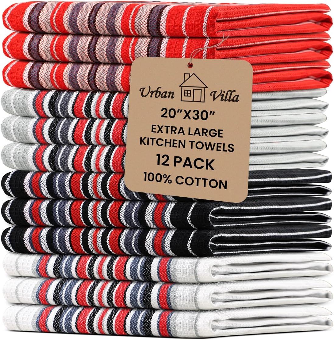Urban Villa Kitchen Towels (20x30 Inches 12 Pack) Extra Large Premium Salsa Stripes Dish Towels for Kitchen Dish Cloths Highly Absorbent 100% Cotton Kitchen Hand Towels with Hanging Loop Tea Towels