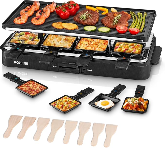 FOHERE Raclette Grill, 2 in 1 Raclette Table Grill Indoor, 1500W Korean BBQ Grill Electric Griddle with Reversible Non-stick plate, Adjustable Temp Control and 8 Paddles for Parties and Family Fun