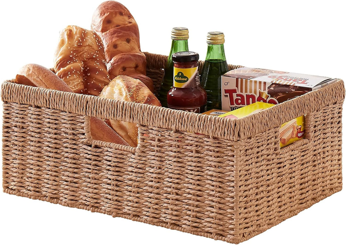 OIAHOMY Wicker Basket, Paper Shelf Basket with Built-in Handles, Rectangular Wicker Storage Bin for Pantry, Shelves, 1 Pack-Yellow