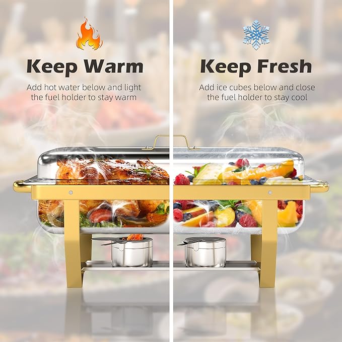 4 Pack Stainless Steel Chafing Dishes for Buffet, 9 QT Capacity 7 Pans Food Warmers for Parties, Weddings, Events Hosting, Family Gatherings, Full Set Catering Server with Serving Utensils Accessories