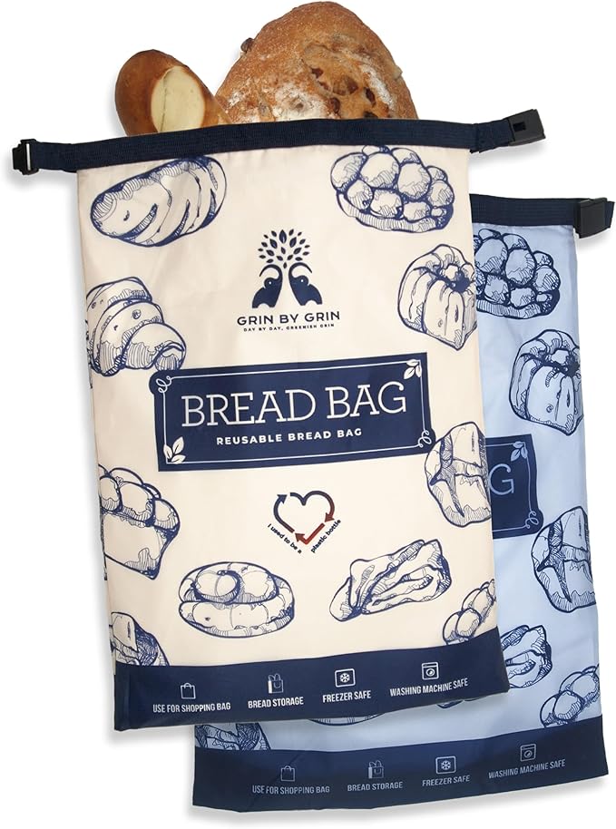 GRIN BY GRIN- Bread Bags 2 Pack Reusable Zipper Bags for Homemade Bread Sourdough Extra Large Freezer Storage