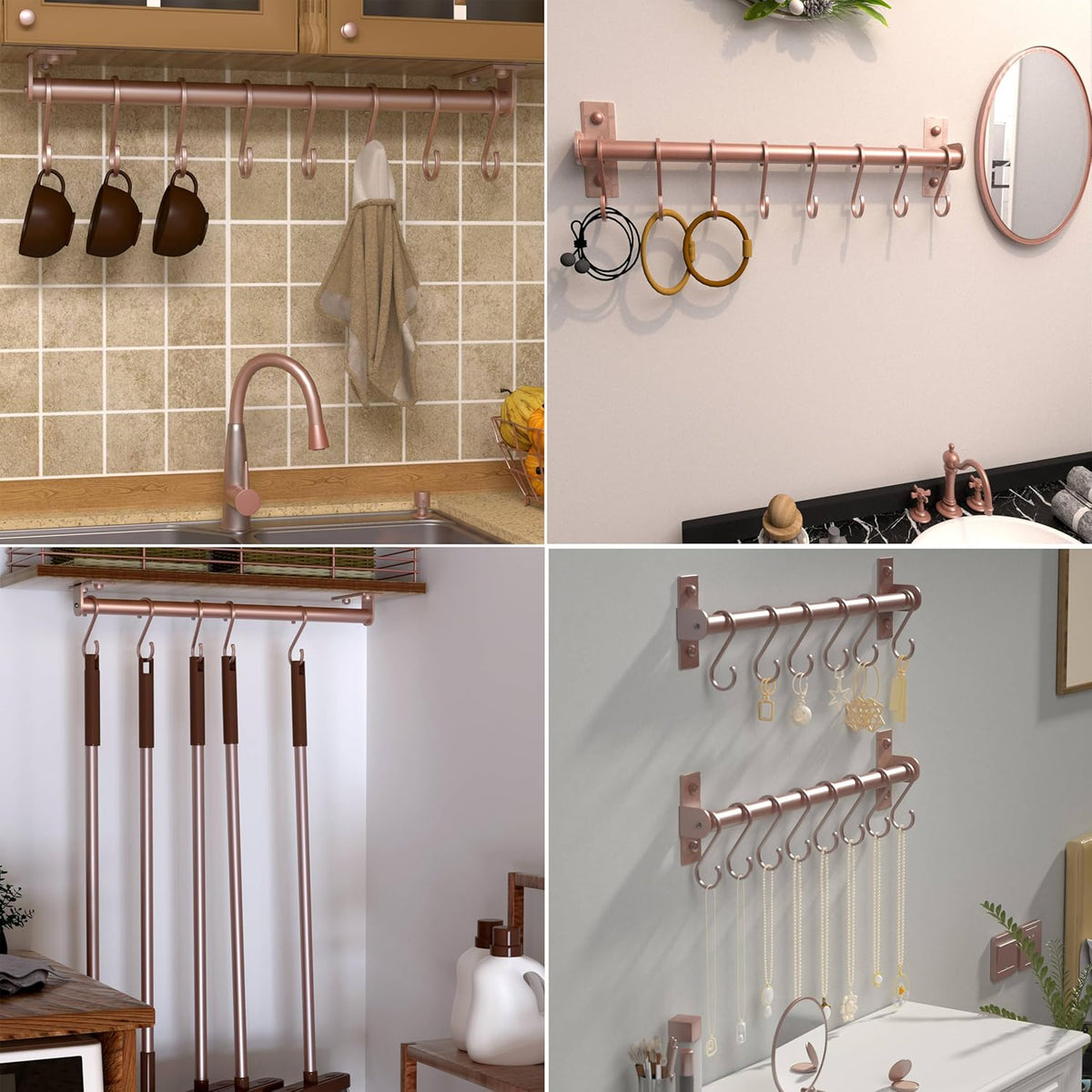 Dseap Kitchen Utensil Holder Hanger, Pot and Pan Rack Wall Mounted, Kitchen Rail with 8 Hooks for Hanging Cooking Utensils, Mugs, Spoons, Wall Mounted, Rose Gold, Pack of 2