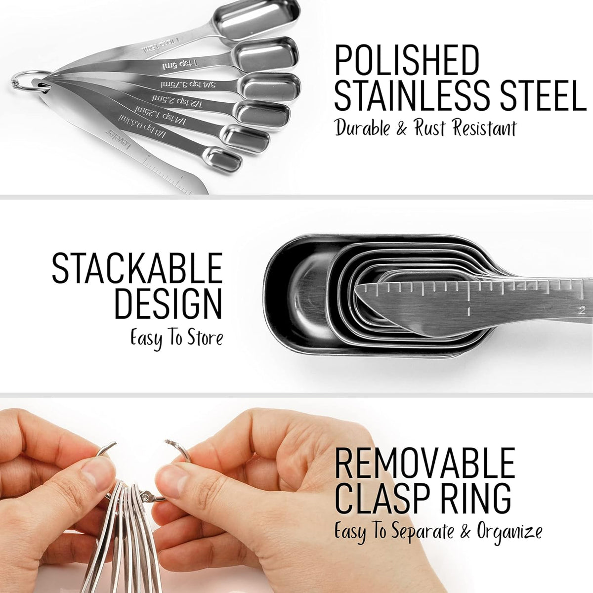 Zulay Heavy Duty Stainless Steel Measuring Spoons with Easy to Read, Slim Design for Narrow Spice Jars, 6 Piece Measuring Spoons with Etched Markings & Removable Clasp, Table Spoons Measuring Spoon
