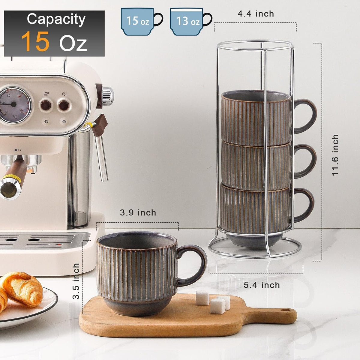 Hasense Porcealin Coffee Mugs, Stackable Coffee Cups Set of 4 with Stand - 15 oz Large Ceramic Ribbed Latte Cup Set for Cappuccino, Tea, Hot Cocoa, Drinks - Dishwasher & Microwave Safe, Brown