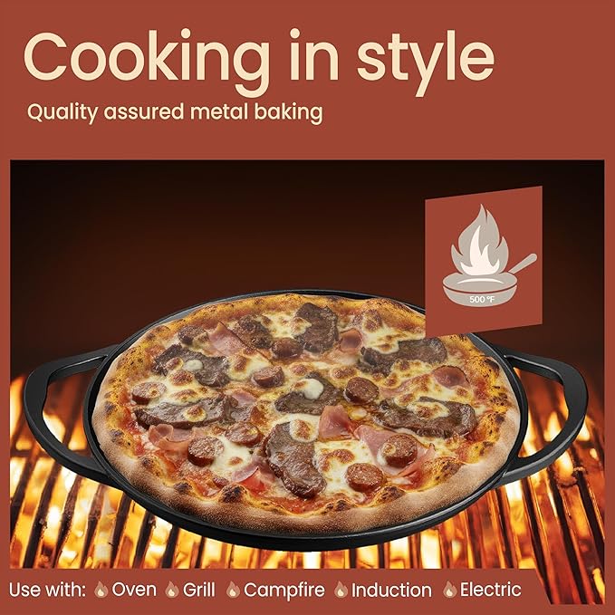 Bakken Cast Iron Pizza Pan 14 Inch, Naturally Pre-Seasoned Nonstick Baking Pan, Heavy-Duty for Oven, Grill, Stovetop, or Campfire, Dual Handles, Heat Retention for Crispy Crust Results, Easy to Clean