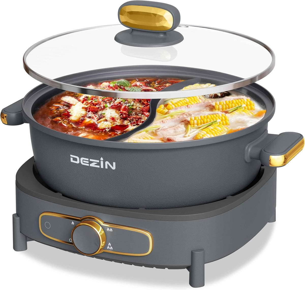 Dezin Hot Pot Electric with Divider, 6L Double-Flavor Shabu Shabu Pot, Dual Sided Removable Non-Stick Hotpot Pot Electric, 3" Depth Chinese Hot Pot with Multi-Power Control, 2 Silicone Ladles Included