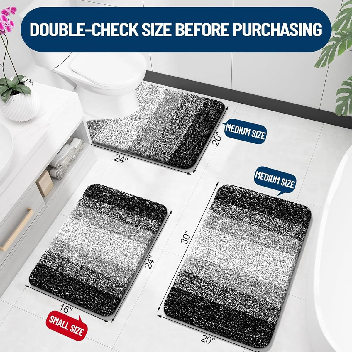 OLANLY Luxury Toilet Rugs U-Shaped 24x20, Extra Soft and Absorbent Microfiber Bathroom Rugs, Non-Slip Plush Shaggy Bath Mat, Machine Wash Dry, Contour Bathroom Mats for Toilet Base, Black