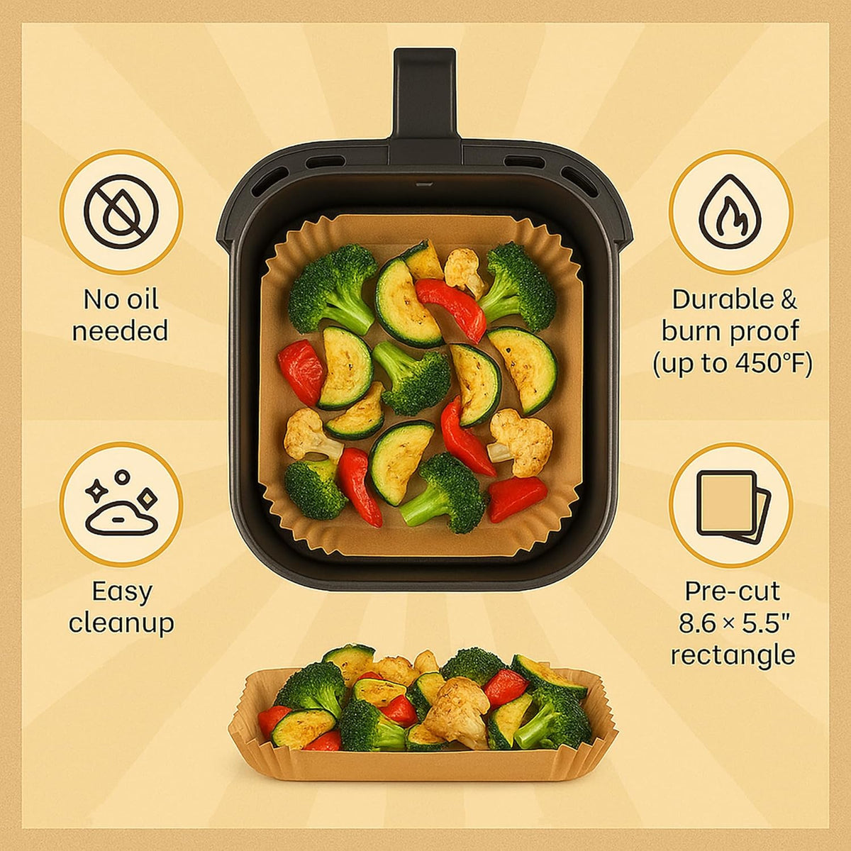 Mindful Design Air Fryer Paper Liners,125Pcs Parchment Paper, Air Fryer Disposable Liner for Microwave, Non-Stick Liners Rectangle Free of Bleach (8.5x5.5IN)