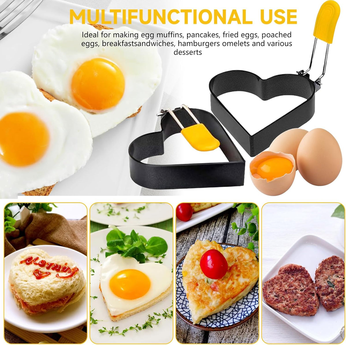 Egg Ring for Frying Eggs and English Muffin - Round Egg Shaper Mold with Anti-scald Handle - Stainless Steel Non-stick Egg Cooker Ring (Heart Shaped -2 Pack)