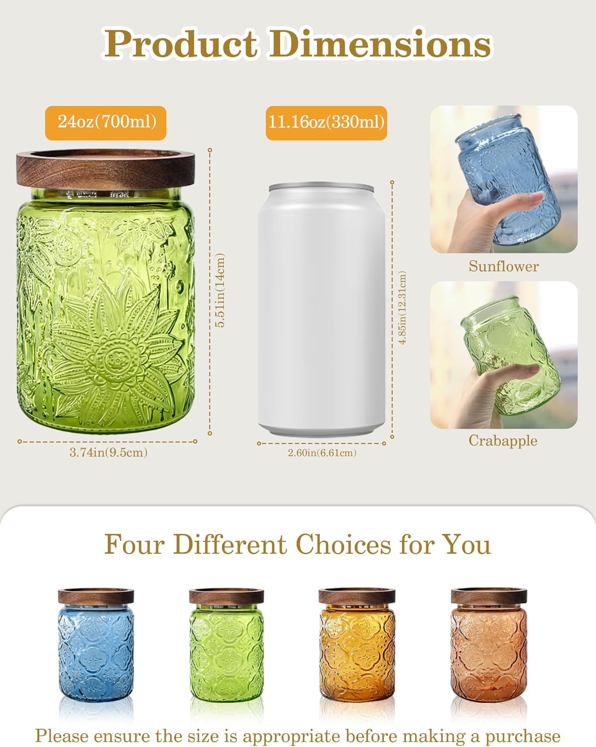 Glass Jar with Airtight Wood Lid – 24 OZ Kitchen and Pantry Canister, Decorative Vintage Storage Container for Candy, Coffee, Cookie, Cereal, Flour, Sugar, Tea, Green Sunflower
