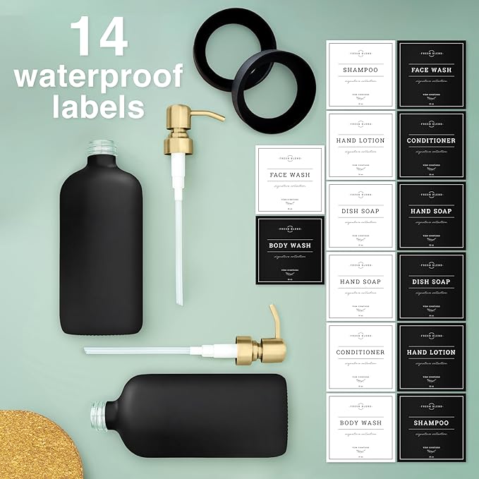 Vine Creations Black Glass Soap Dispenser, 2 Pack Kitchen Soap Dispenser Set with Stainless Steel Pump, 16 oz Dish Soap and Hand Soap Dispensers for Bathroom with Waterproof Labels