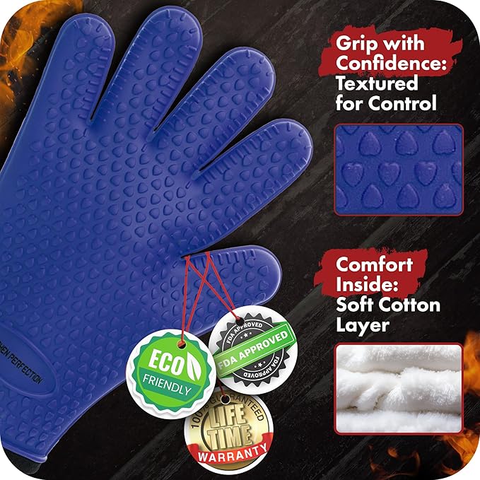 KITCHEN PERFECTION S Silicone Smoker Oven Gloves -Extreme Heat Resistant BBQ Gloves -Handle Hot Food Right on Your Grill Fryer Pit|Waterproof Oven Mitts |Superior Value Set+3 Bonuses
