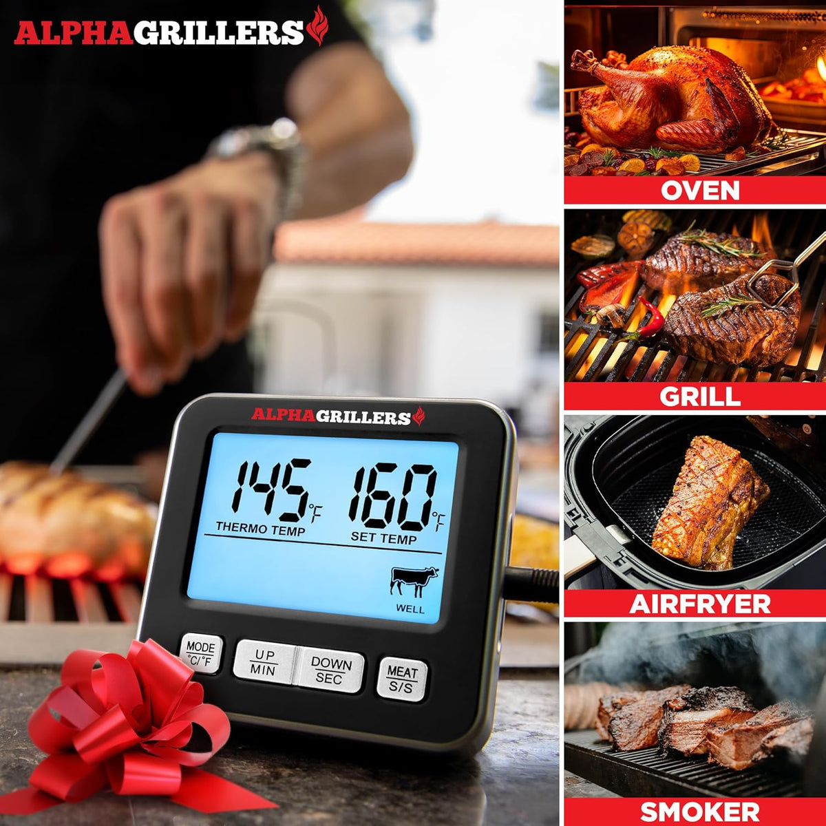 Alpha Grillers Turkey Thermometer - Digital Meat Thermometer with Electric Oven Safe Wired Leave-in Probe for Cooking & Roasting - Large Display with 7 Preset Temp Alerts, Timer & Alarm