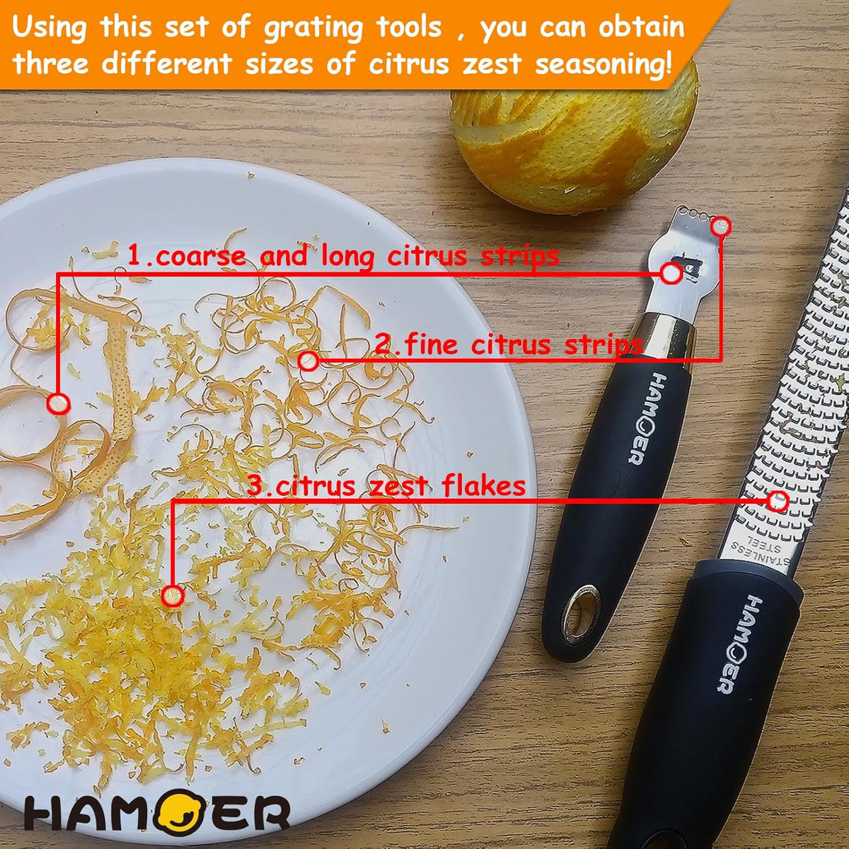 Zester Grater & Channel Knife Kitchen Bar Tool Set for Parmesan Cheese Lemon Garlic Nutmeg Chocolate Citrus Cucumber Radish Ginger Crushed Scraping Rubber Ergonomic Curved Handle Black
