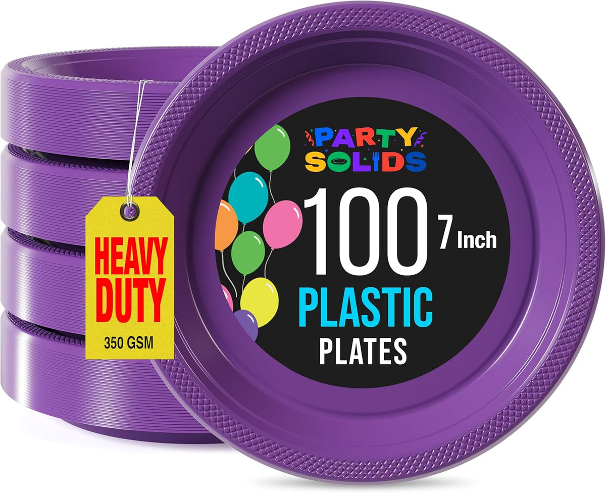 Exquisite Party Solids Purple Plastic Plates For Party 7" Purple Disposable Plates Heavy Duty Supplies 100 Pcs Plastic Dinnerware Sets Heavy Duty 350 GSM Disposable Dinnerware Set