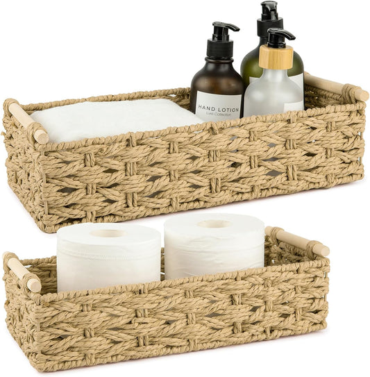 OIAHOMY Toilet Paper Baskets Handmade Paper Rope Decorative Wicker Storage Tank Shelf Cabinet Organizer for Bathroom Home, Set of 2, Yellow
