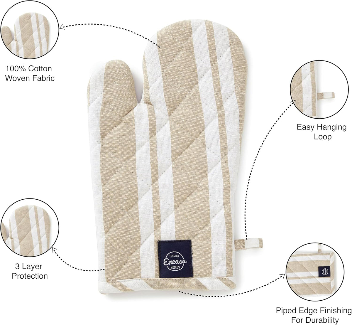 Encasa XO Long 12"x7" Oven Microwave Hand Gloves Mitts (2 pc Set) for Kitchen Cooking & Baking - Heat Resistant, Thick & Safe, Protection of Hands from Hot Utensils - Franca Beige Stripes
