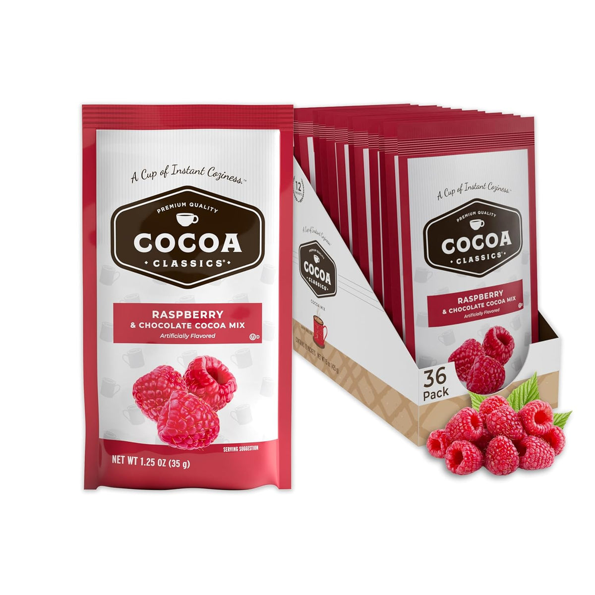 Cocoa Classics Raspberry Cocoa Mix, Hot Chocolate, Made with Nonfat Milk, Just Add Hot Water, Make Hot or Iced Cocoa, Gluten Free & Kosher Dairy Friendly, 1.25oz Packets (Pack of 36)