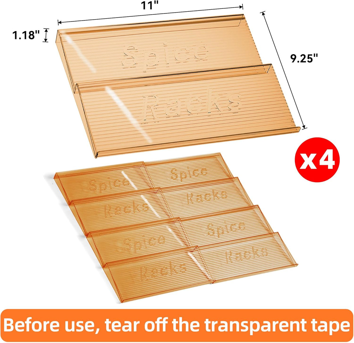 Spice Drawer Organizer, 4 Tier- 4 Pack Amber Acrylic Drawer Seasoning Organizer, Expandable From 11'' to 22'' Kitchen Spice Rack Organizers and Storage for Drawer (Jars not included)