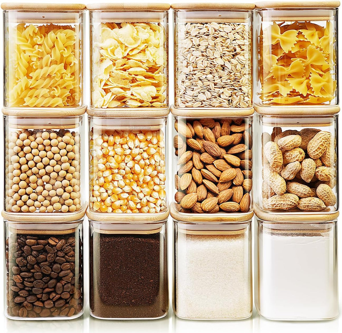 Square Glass Jars with Bamboo Lids 17 FL OZ [Set of 12], Glass Canisters with Airtight Lids, Glass Food Storage Containers for Spice, Sugar, Tea, Candies, Cookies, Best for Kitchen & Pantry