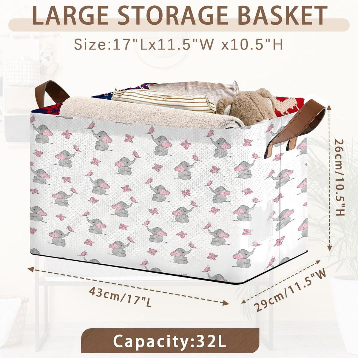 Foldable Collapsible Storage Bin with Elephant & Butterfly Pattern-17x11.5x10.5 Inch Organizer Basket for Nursery, Kids Room, Closet, Toy Storage-Single Pack, Space-Saving Home Decor