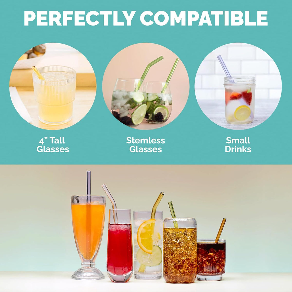 Simply Straws 6 Inch Glass Straws Bent (6-Pack) – Reusable Glass Straws for Low Balls & Stemless Glasses, with Cleaning Brush – Dishwasher Safe, Hot & Cold Use, BPA-Free (Fjord Mist)