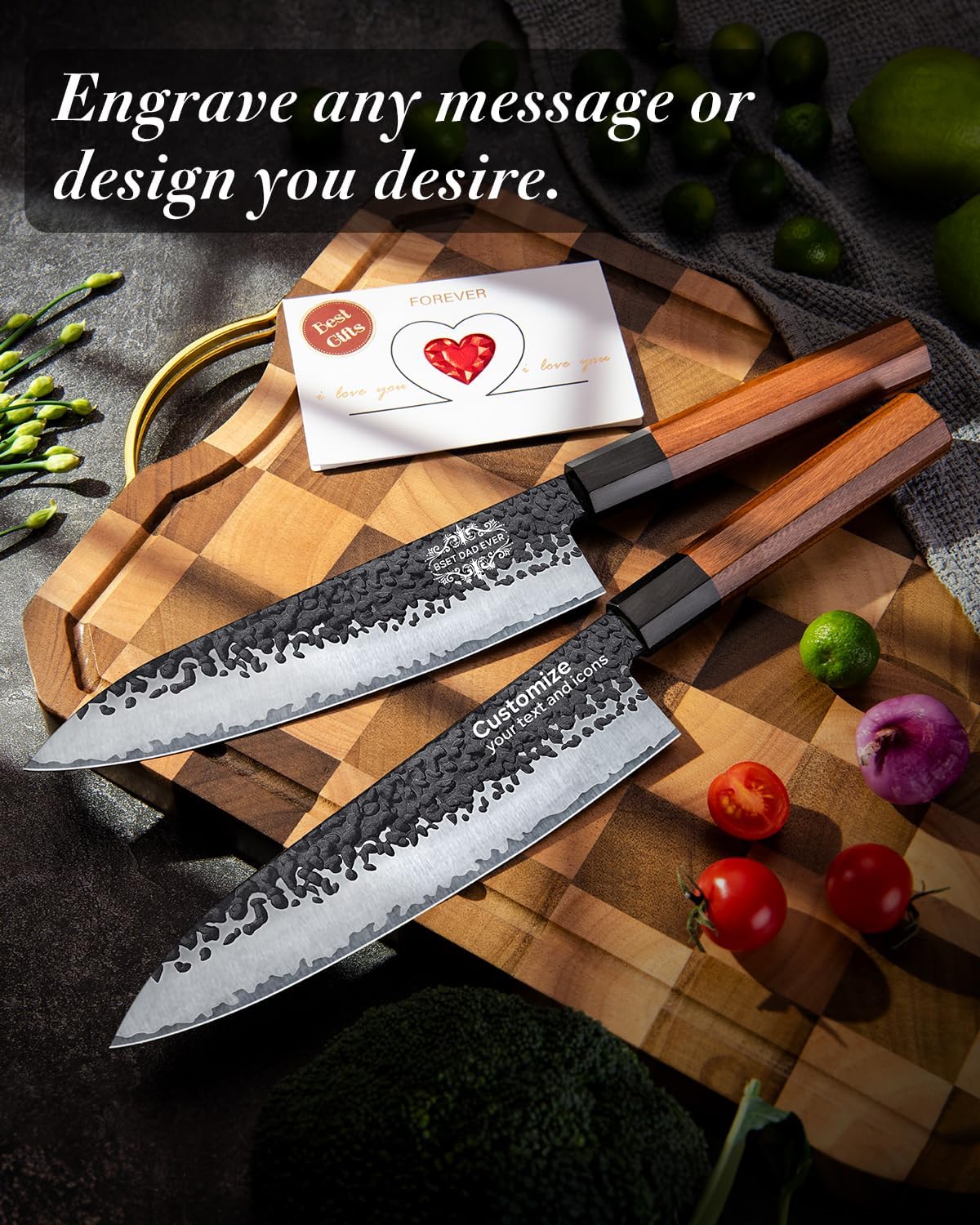 Personalized Gifts for Men Engraved Custom Japanese Knife, Hand Forged High Carbon Steel Chef Knife With Rosewood Handle, The Practical Birthday Gift for Your Loved Ones (Sandalwood Gift Box)
