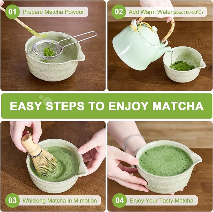 5Pcs Matcha Whisk Set - Matcha Bowl with Spout, 100% Bamboo Whisk (Chasen), Holder, Stainless Sifter, Tea Scoop. Japanese Ceremony Matcha Kit for Beginners, Ideal Gift for Tea Lovers (Green)