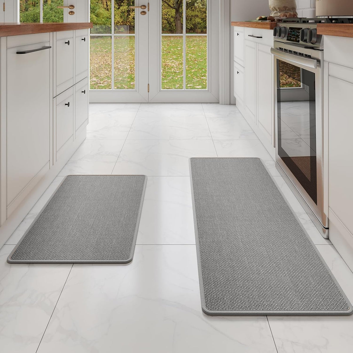 Kitchen Mat Set of 2 PCS, Cushioned Non Slip Rugs for Kitchen Floor, Absorbent Runner Comfort Standing Mats Washable for Kitchen, Office, Home Grey 17x30+17x47