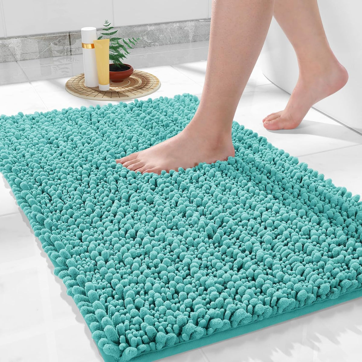 Yimobra Bathroom Rugs Non Slip Washable 32x20 Inch - Ultra Soft Absorbent Chenille Bath Mat, Quick Dry Shaggy Floor Carpet for Tub Shower, Lake Blue Home Decor Accessories