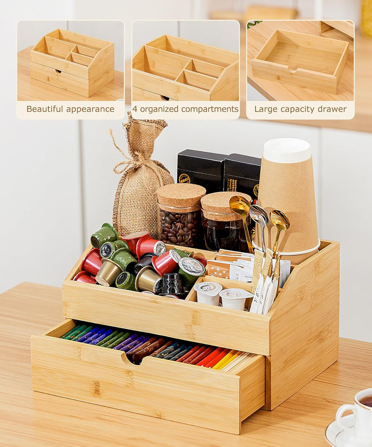 Coffee Bar Organizer Countertop with Drawer, Cafe Station Storage for Bar Accessories,Bamboo Espresso Bar Decor Holder for Bar Decor,Bamboo