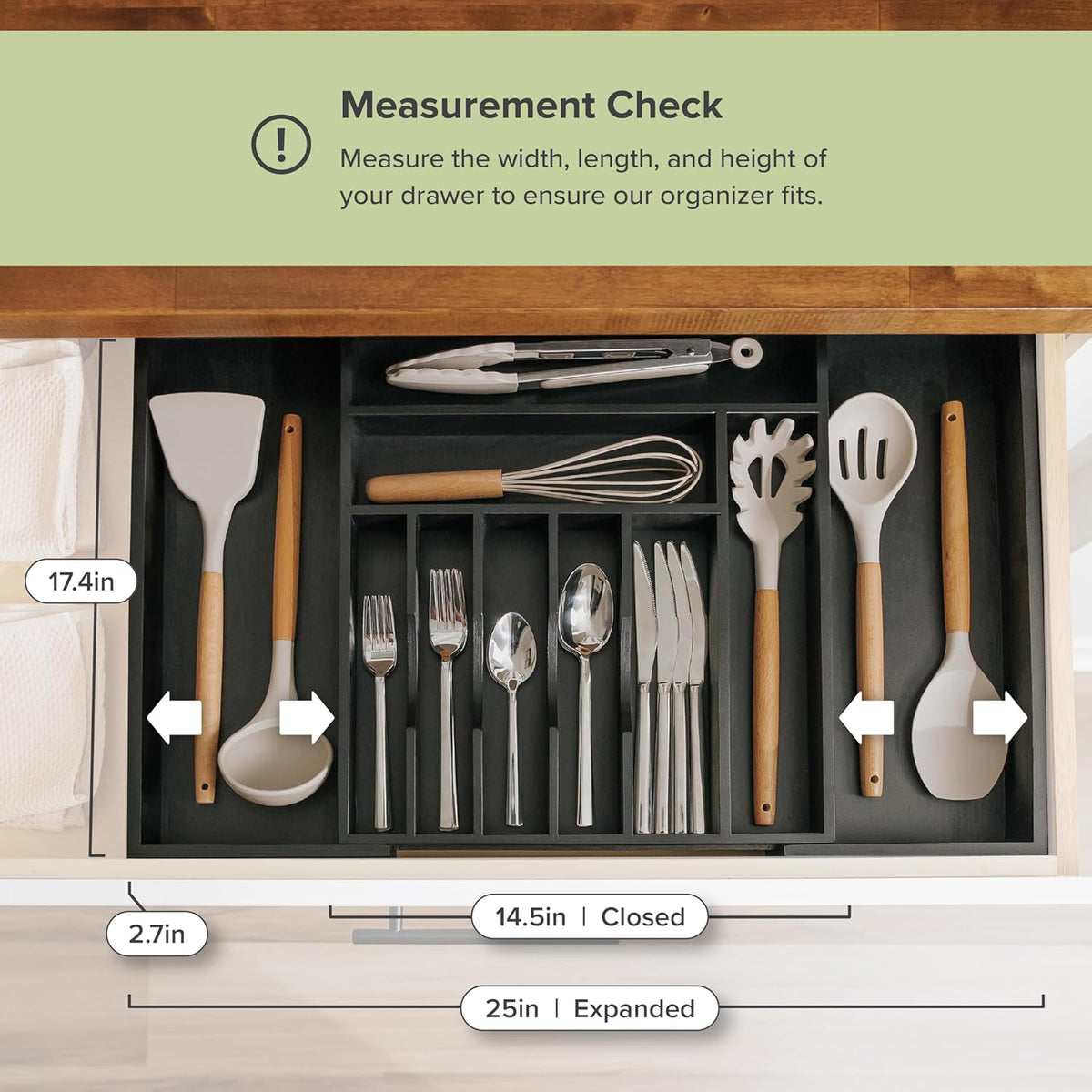 KitchenEdge Premium Silverware, Flatware and Utensil Organizer for Kitchen Drawers, Food-Safe Contract Grade, Expandable from 14.5 to 25 In, Black Bamboo
