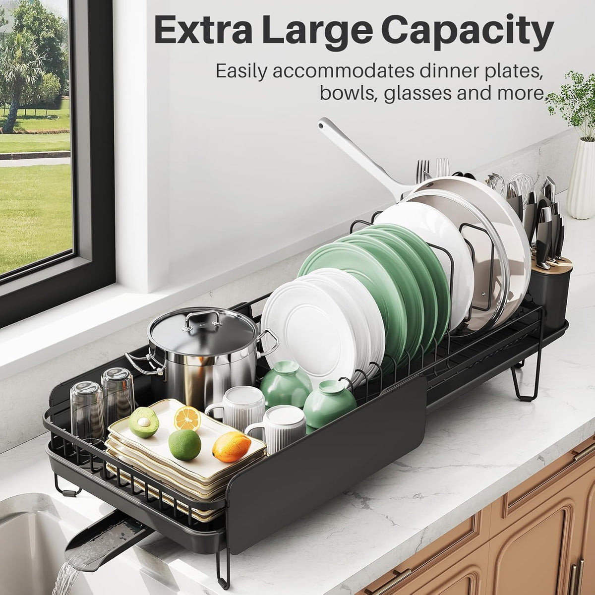 Large Dish Drying Rack - Expandable (19.3" to 29.4") Dish Rack for Kitchen Counter, Stainless Steel Dish Drainer with Utensil Holder, Pan Holder & Pot Lid Holder, Black