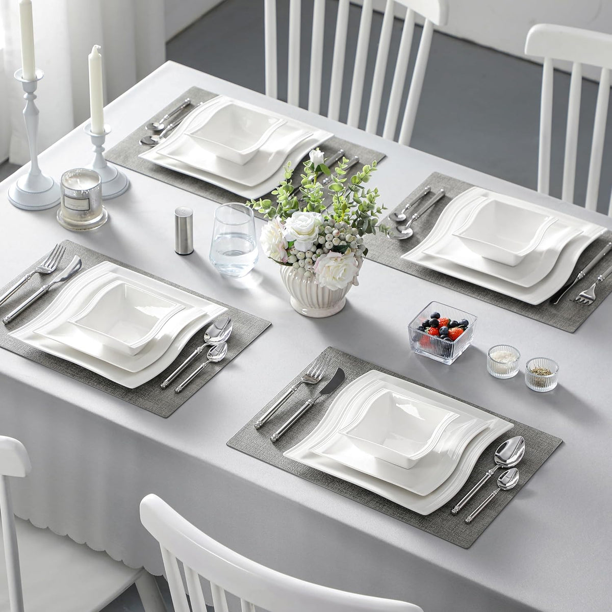 MALACASA Ivory White Dinnerware Set, 12 Pieces - Porcelain Dinner Plates, Dessert Plates and Bowls, Square Flora Pattern