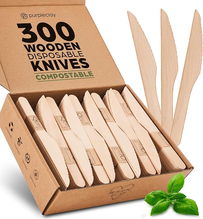 Wooden Disposable Knives - 300 Piece Wood Compostable Knives - Eco-Friendly Biodegradable Utensils for Party - Free From Plastic Cutlery Set - Disposable Cutlery for Eating - Compostable Utensils
