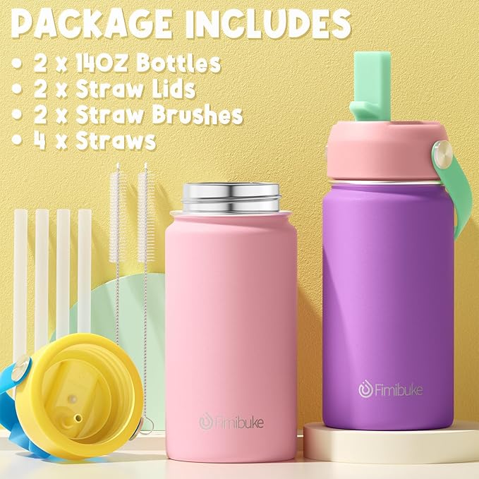 Fimibuke Kids Insulated Water Bottle, 14oz BPA FREE Double Wall Vacuum Tumbler 18/8 Stainless Steel Leak Proof Kids Cups with Straw Metal Water Bottle for School Boys Girls (2 Pack, Milky Pastel)