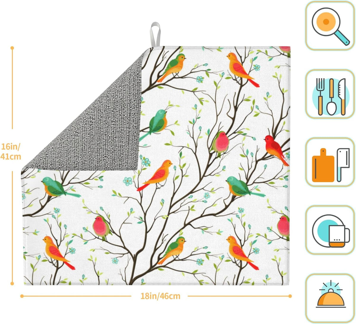 Birds on Tree Dish Drying Mat for Kitchen Counter Washable Absorbent Reversible Microfiber Cute Birds Drying Pad Kitchen Accessories 16x18 Inch