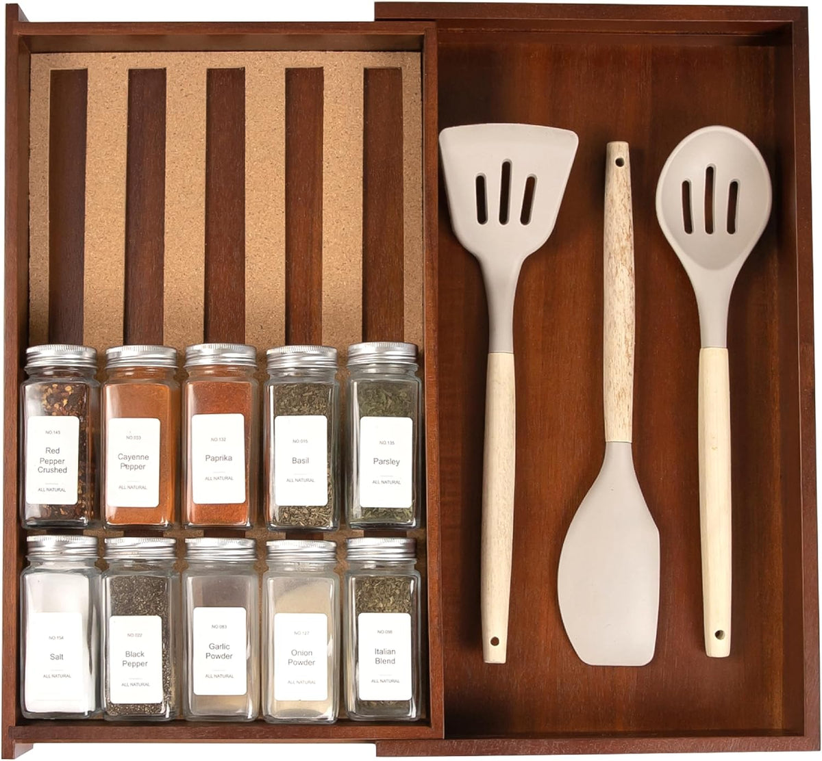 KitchenEdge Spice Drawer Organizer with Expandable Storage. Holds up to 15 Spice Jars (Not Included), Non-Slip Feet, Kitchen Accessory Storage, 100% Sustainable Bamboo Wood (Natural Acacia)