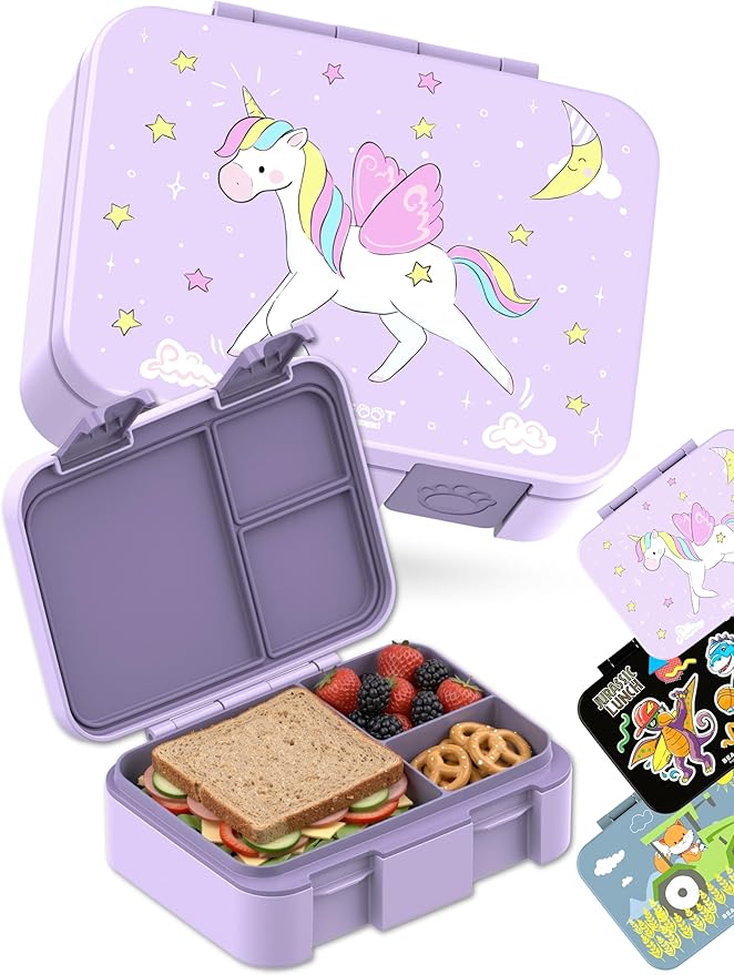 BEARFOOT Kids Lunch Box with Compartments – Compact & Lightweight | Leak-Proof, BPA-Free, Dishwasher & Microwave Safe | Hand-Drawn Design for Preschool, School, Travel (Unicorn Purple, 2.75 Cups)